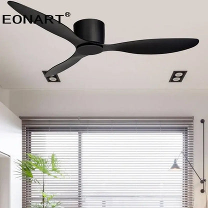 Black modern ceiling fan with sleek blades and led light featuring remote control for living room use