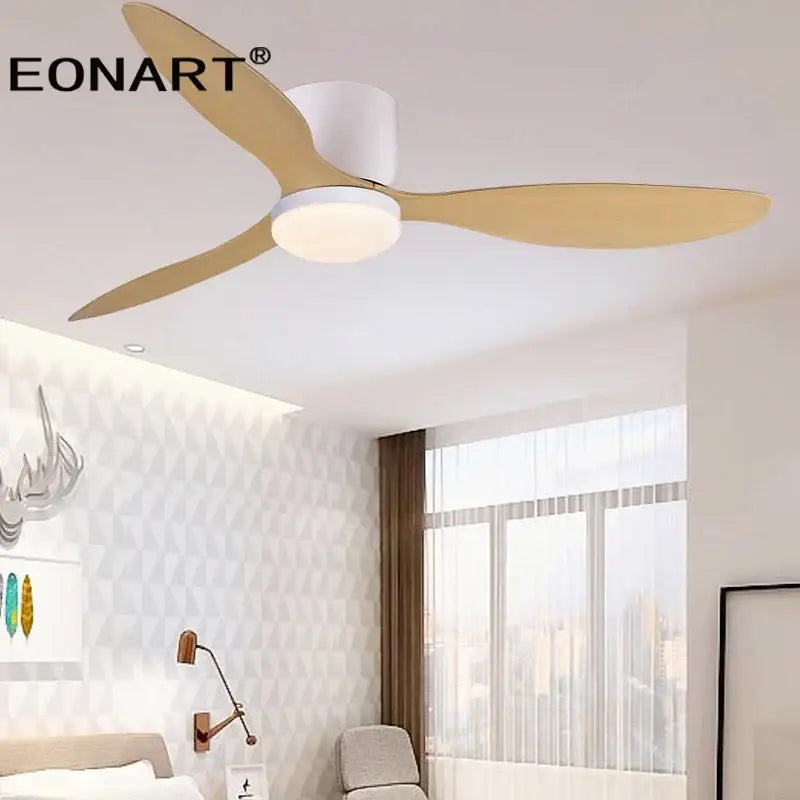 Eonart ceiling fan with three light wood blades and white housing featuring led light and remote control for living room use