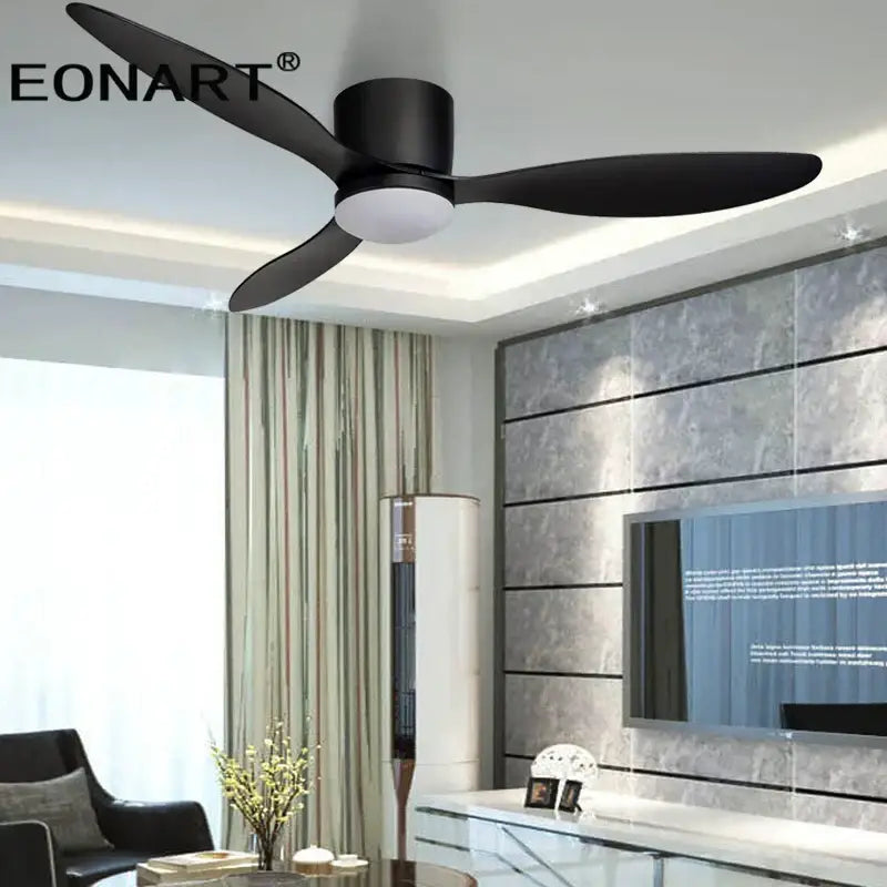 Modern black eonart ceiling fan with three sleek blades led light and remote control for living room use