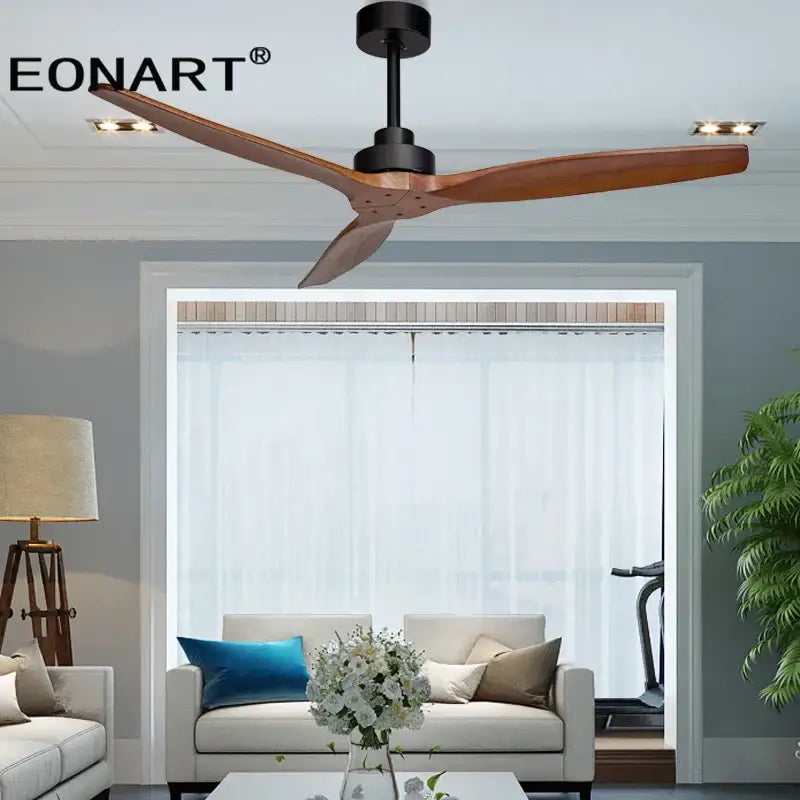 Eonart ceiling fan with three dark brown wooden blades black motor housing led light and remote control for living room