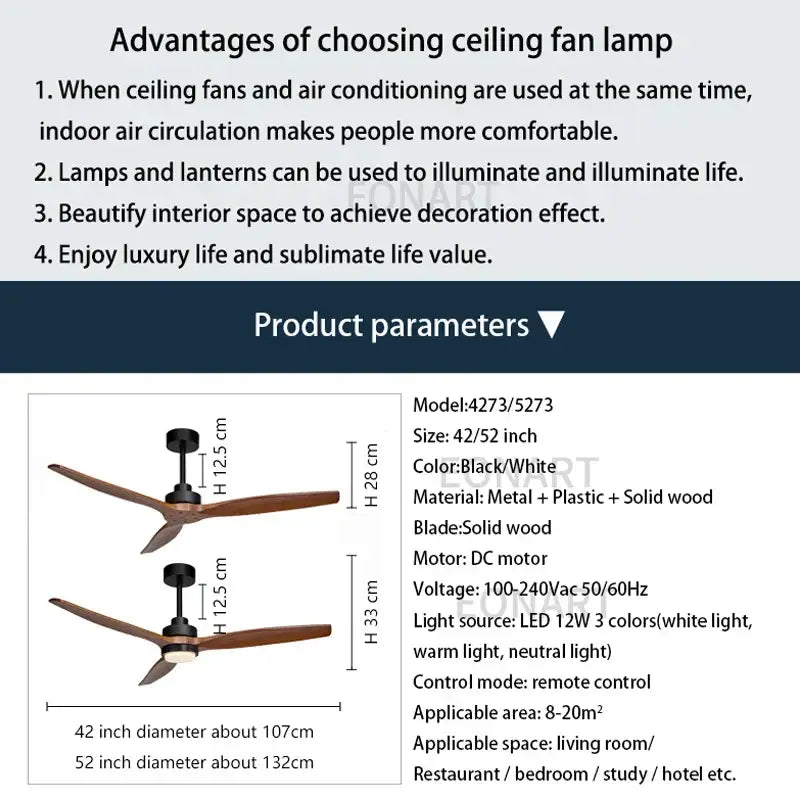 Black and white ceiling fan with led light and remote control made of metal plastic and solid wood for living room use