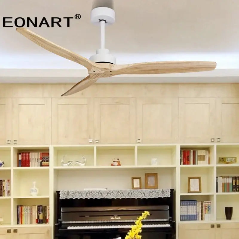 White eonart ceiling fan with three light wood blades featuring led light and remote control for living room use