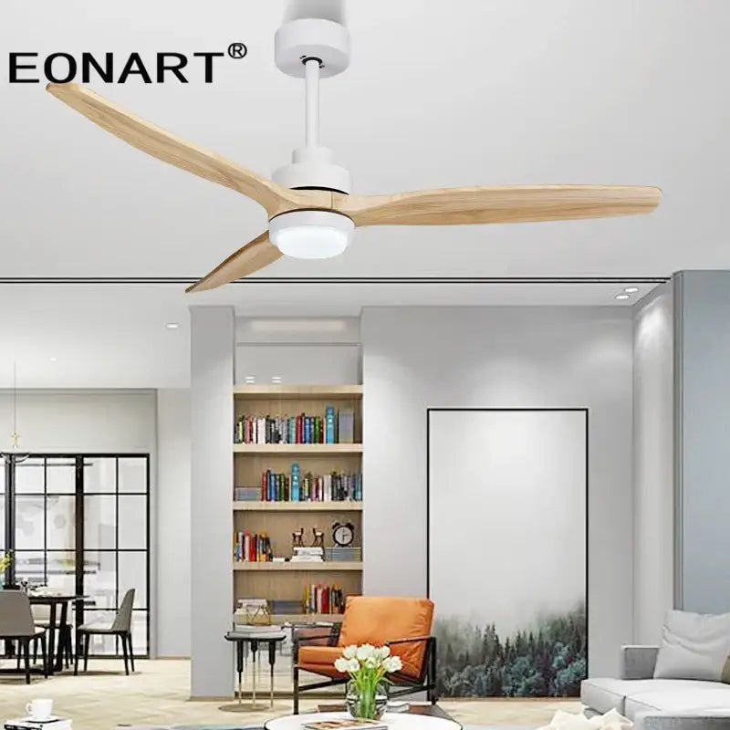 Eonart ceiling fan with three light-colored wooden blades, white housing, led light, and remote control for living room use