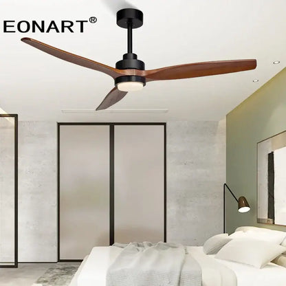 Eonart ceiling fan with sleek black housing, three dark brown wooden blades, led light, and remote control for living room