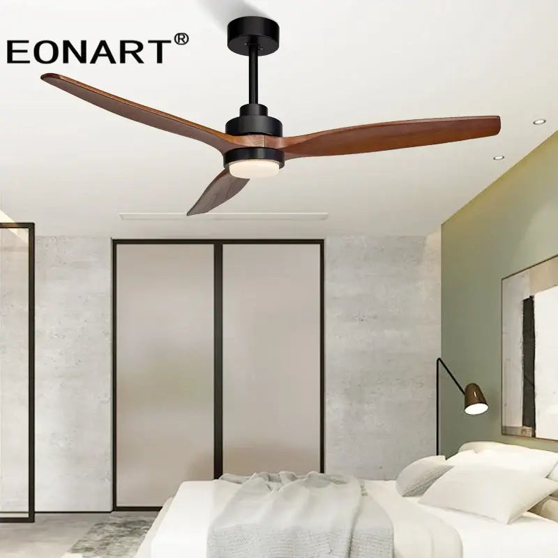 Eonart ceiling fan with sleek black housing, three dark brown wooden blades, led light, and remote control for living room