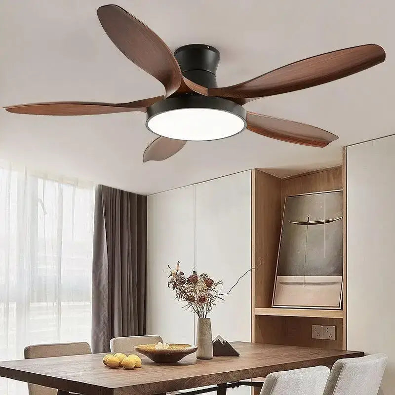 Modern ceiling fan light with five dark brown wooden blades and integrated LED for living room use with remote control