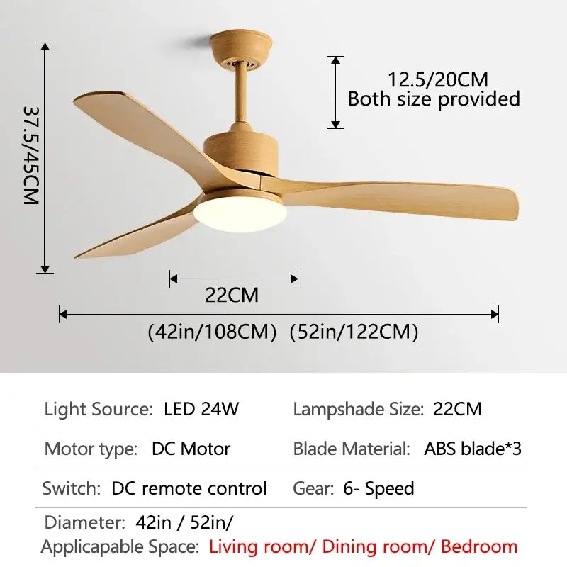Modern dark bronze ceiling fan with three light wooden abs blades and led light with remote control for bedroom use