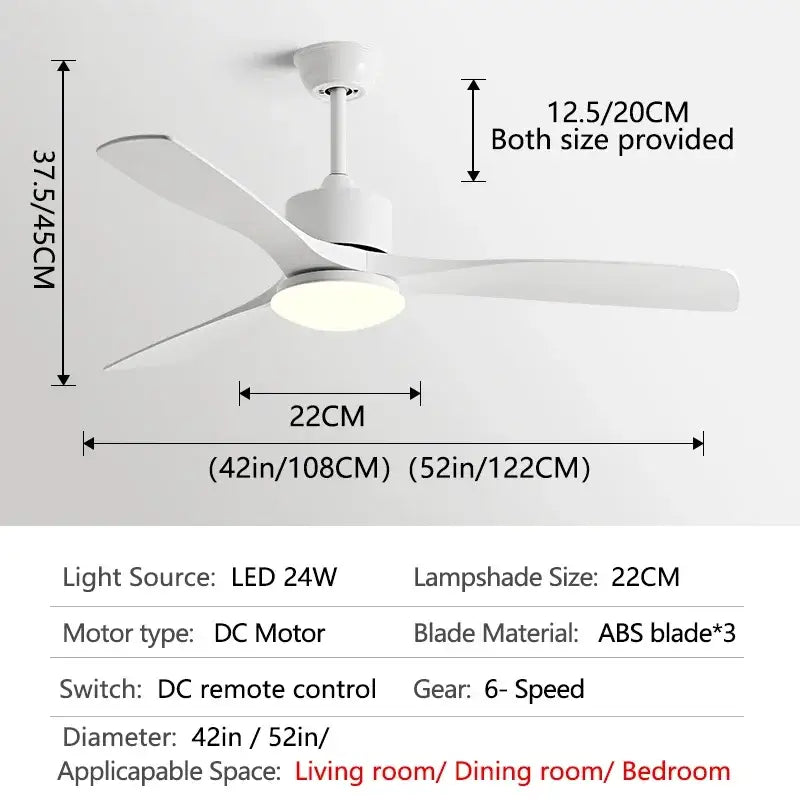 White ceiling fan with three abs blades and integrated led light suitable for bedroom with remote control functionality