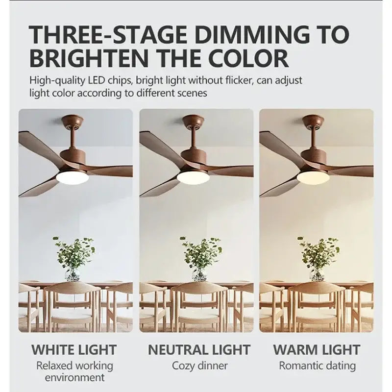 Modern dark bronze ceiling fan with three blades, integrated led light with white neutral warm settings and remote control