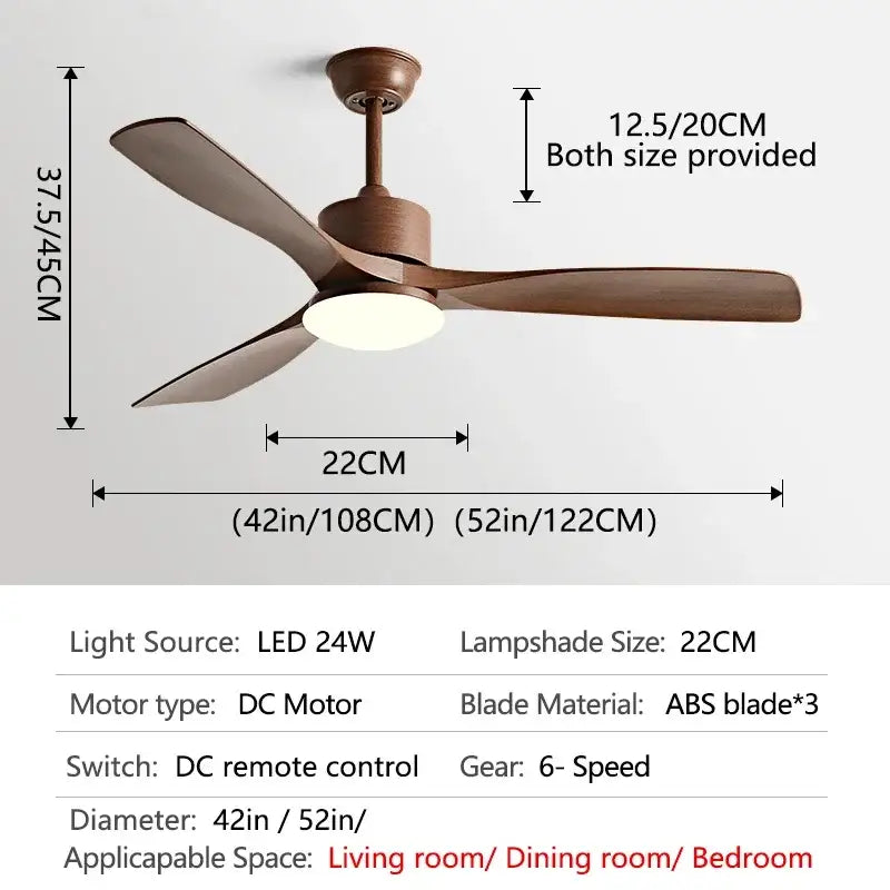 Modern dark bronze ceiling fan with three dark brown abs blades and circular led light fixture with remote control