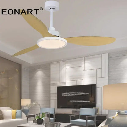 Modern black and dark brown eonart ceiling fan with white housing, golden plastic blade ceiling, remote control, and bedroom light