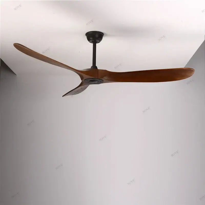 Modern wood ceiling fan with three sleek brown wooden blades and dark metal hub for living room use