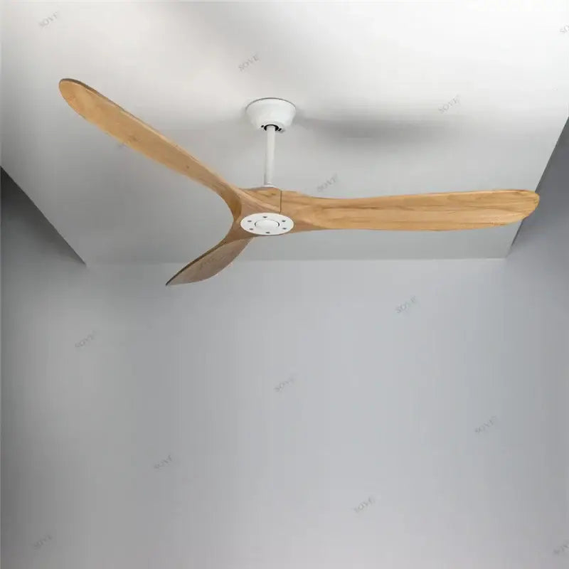 Modern vintage grey wood ceiling fan with three light brown wooden blades and white hub for living room use