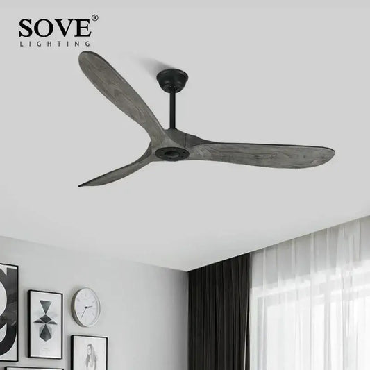 Vintage grey wood ceiling fan by sove with three dark gray wood-grain blades and black hub for living room use