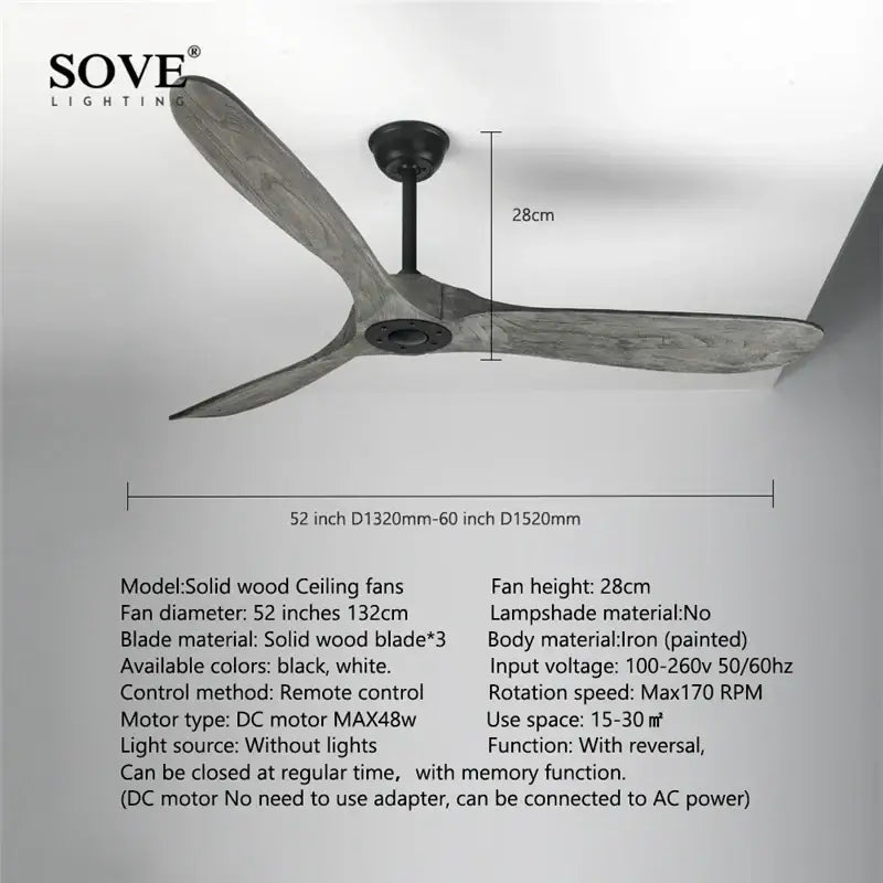 A sleek 52-inch vintage grey wood ceiling fan with iron-painted body and weathered gray solid wood blades for living rooms