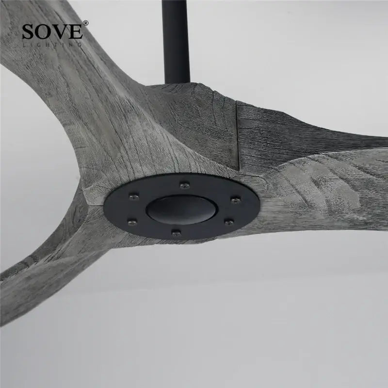 Vintage grey wood ceiling fan with black metal hub designed for living room wood ceiling use with remote control
