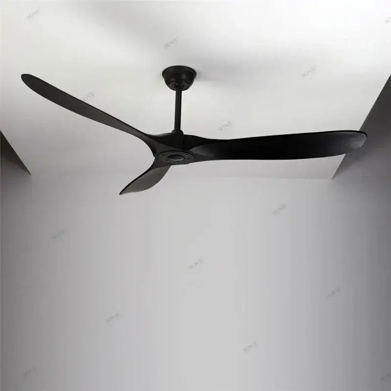 Black wood ceiling fan with sleek modern blades and minimalist design for vintage grey wood ceiling in living room
