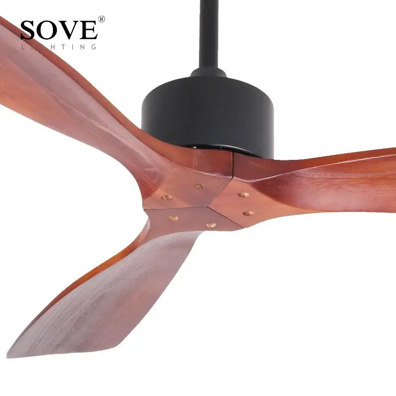 Sove lighting ceiling fan with three polished wooden blades and black housing in vintage white wooden ceiling fan design
