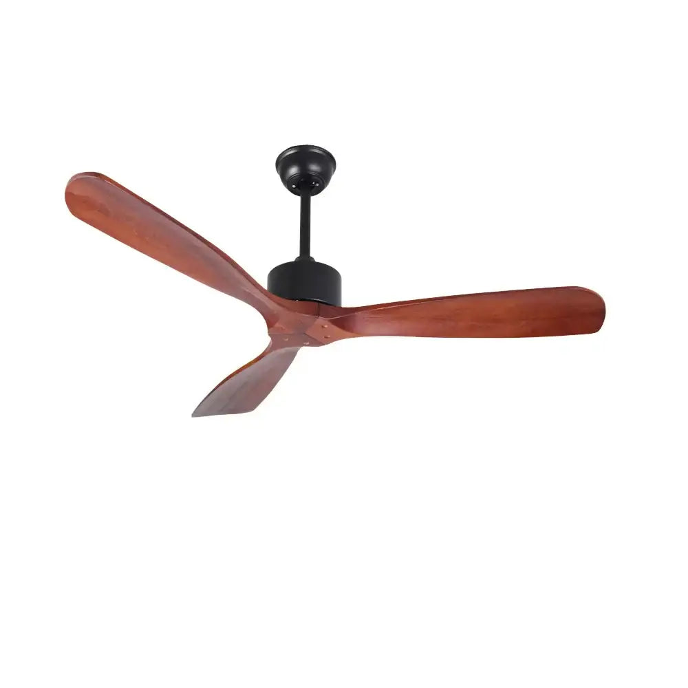 Modern ceiling fan with three reddish-brown wooden blades and matte black hub in vintage white wooden ceiling fan set