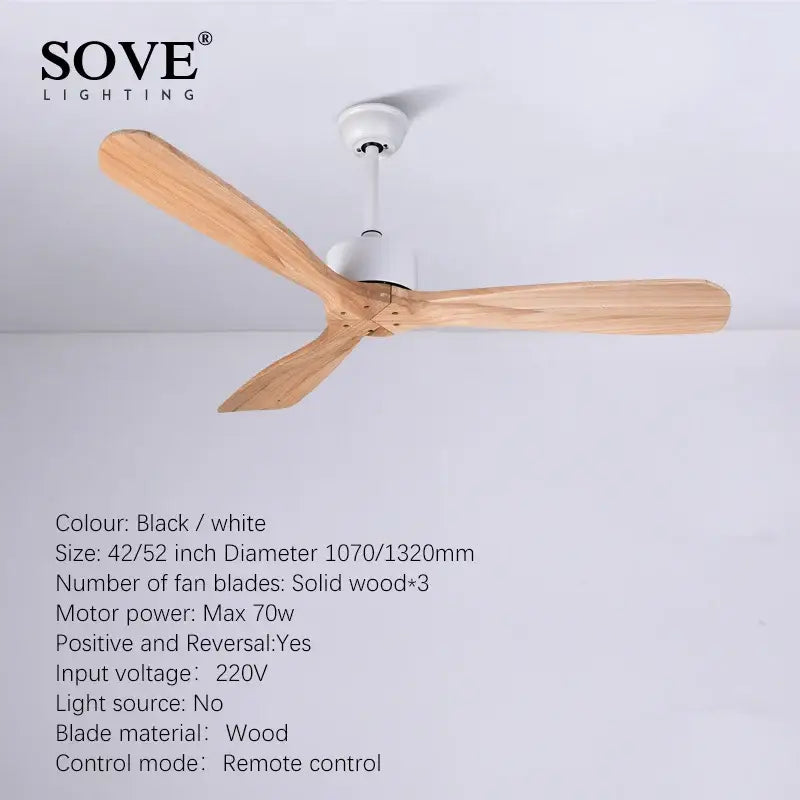 Vintage white wooden ceiling fan with three solid wood blades ideal for living room ceiling fan with remote control