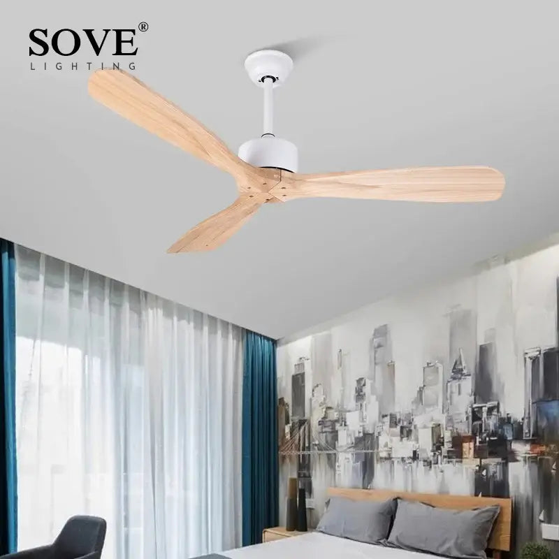 White ceiling fan with three light wooden blades featuring vintage design and remote control for living room use wooden ceiling fan