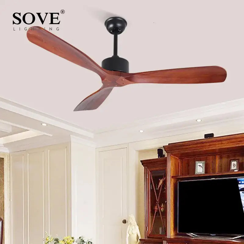 Vintage white wooden ceiling fan with remote control featuring Sove lighting ceiling fan with three rich brown wooden blades and black motor housing
