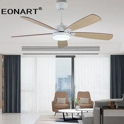 Eonart modern black and white led ceiling fan with five light wood blades for bedroom use