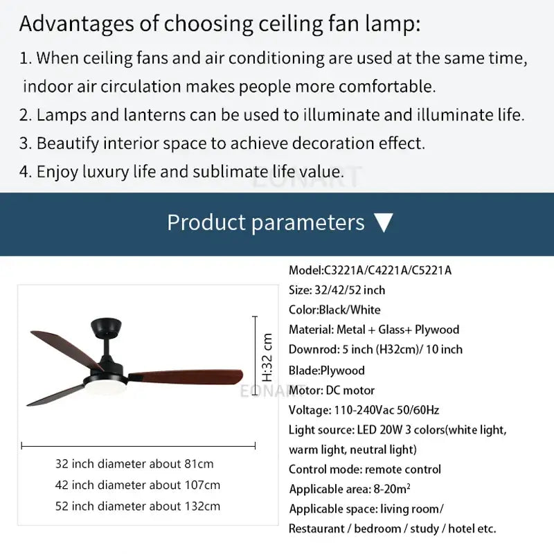 Modern black and white led ceiling fan with wooden blades and central light fixture for bedroom use