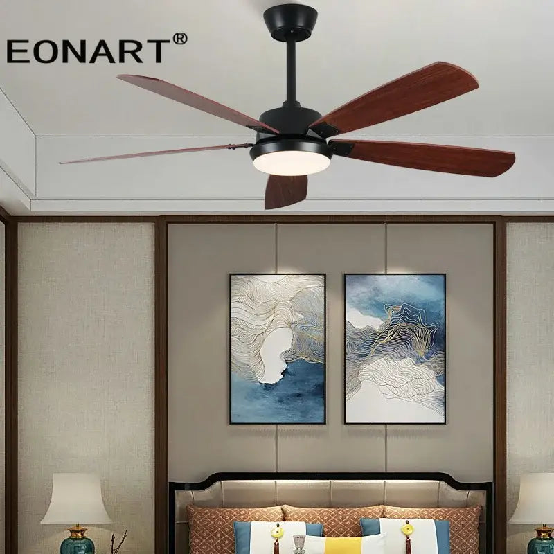 Modern black and wood finish led ceiling fan with integrated light fixture and wood blades for bedroom use