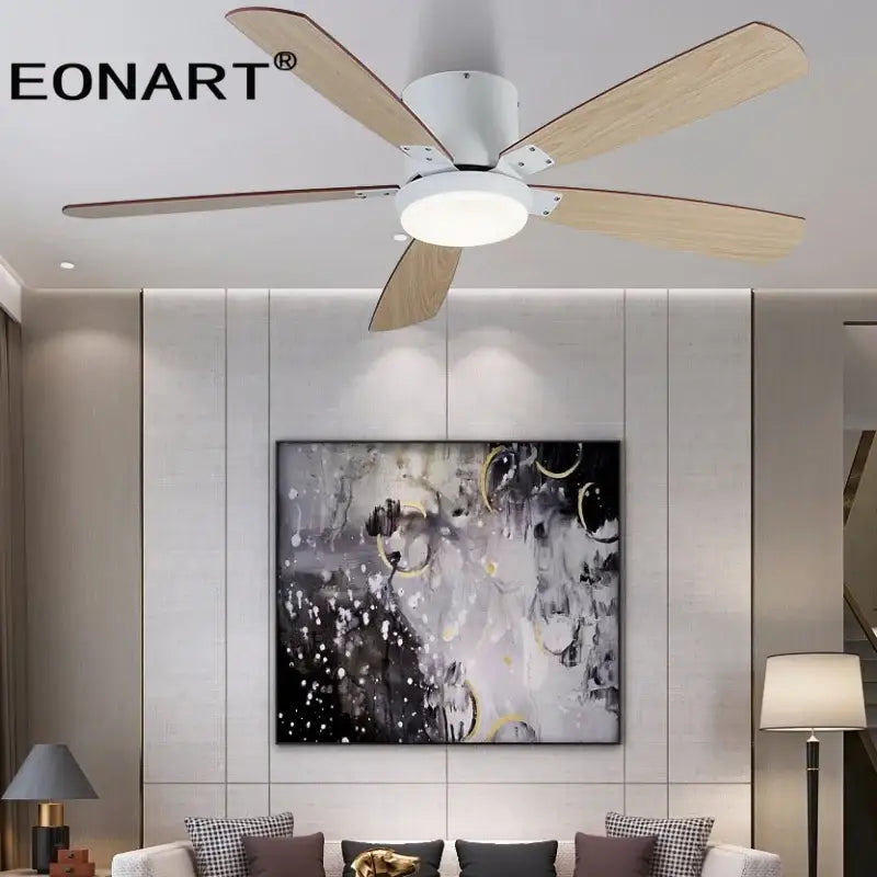Modern black and white led ceiling fan with five natural wood blades and integrated led light for bedroom use