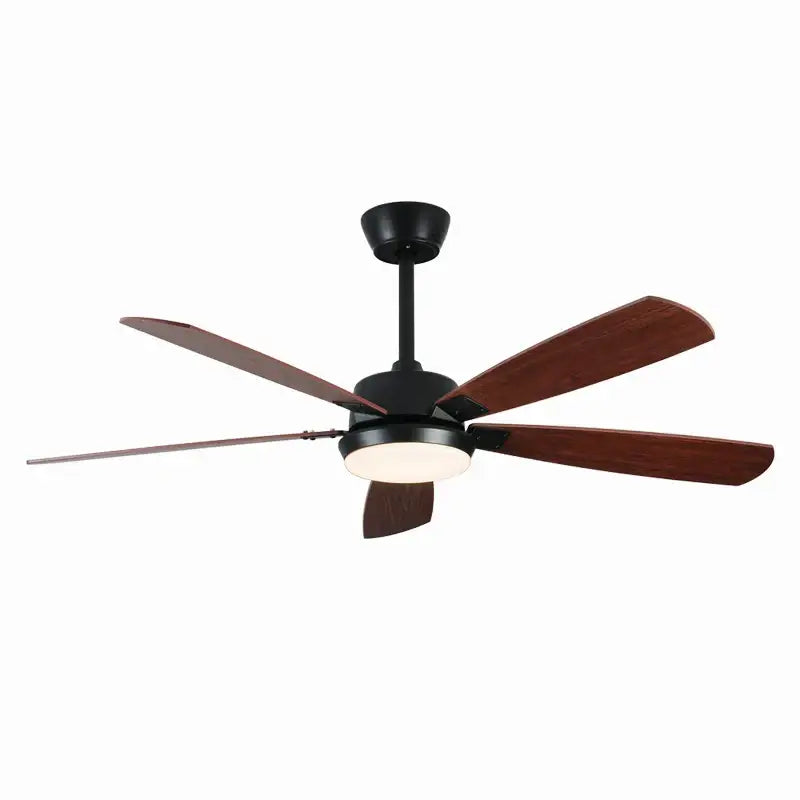 Modern black and white led ceiling fan with five dark wood blades and central light fixture for bedroom use