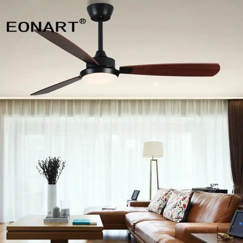 Modern black and dark wood eonart led ceiling fan with integrated light fixture for bedroom use