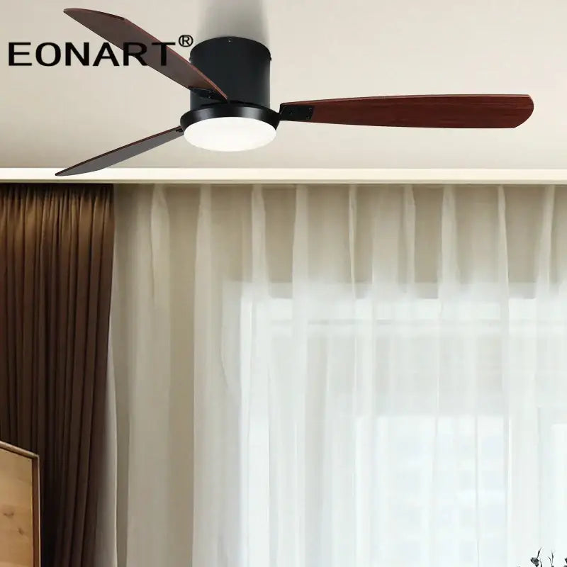 Eonart modern black and white led ceiling fan with three dark wood blades and integrated circular led ceiling light for bedroom