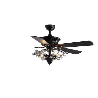 Luxury black wrought iron crystal ceiling fan with five blades and wood accents for living room use with remote control