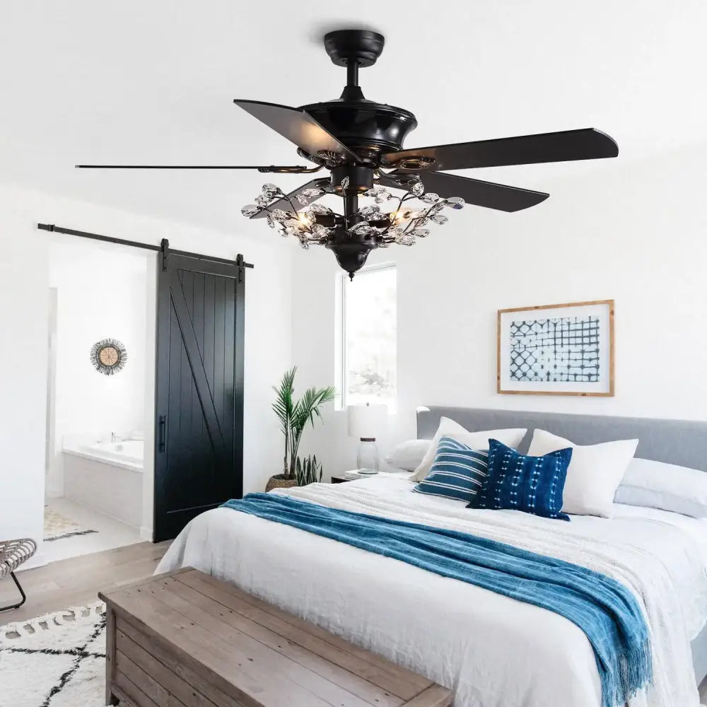 Luxury black crystal ceiling fan with wood blades and crystal ceiling chandelier accents for living room use