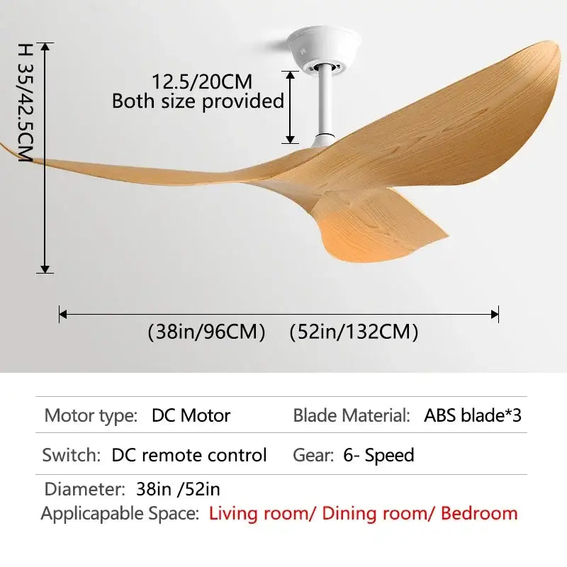 Modern ceiling fan with sleek light brown abs blades and white motor housing for living room remote control use