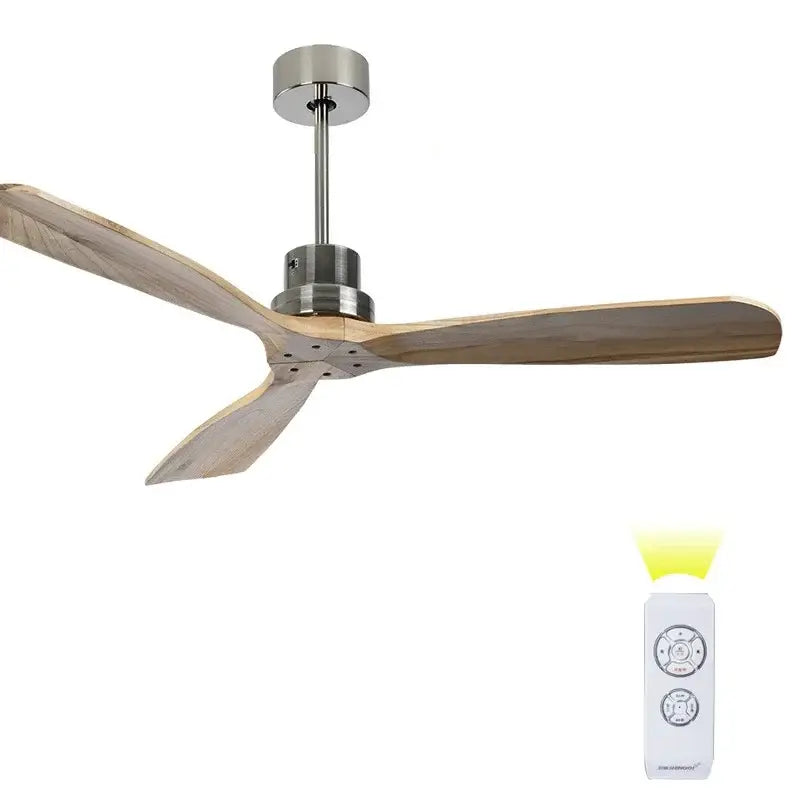 Modern wood propeller ceiling fan with three light wooden blades and silver brushed metal hub with remote control