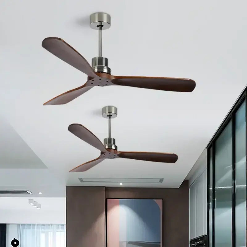 Modern wood propeller ceiling fan with sleek dark brown wooden blades and silent silver stainless steel hub for living room use