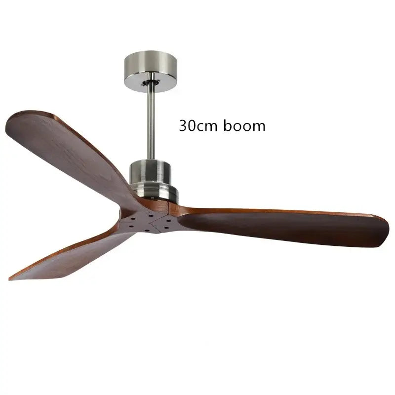 Modern wood propeller ceiling fan with three dark brown wooden blades and brushed stainless steel silver hub for living room