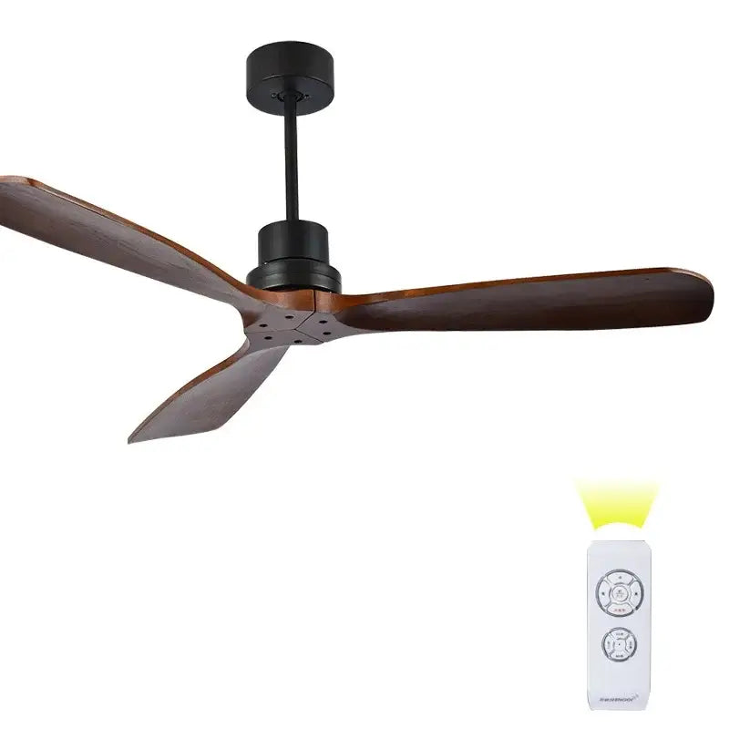 Modern wood propeller ceiling fan with three dark brown wooden blades and black metal hub with white remote control
