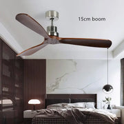 Modern propeller ceiling fan with three dark brown wooden blades and a sleek silver metallic hub for living room use