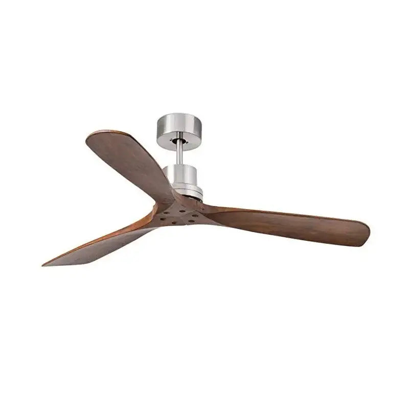 Modern propeller ceiling fan with three dark brown wooden blades and a sleek silver chrome finish for living rooms