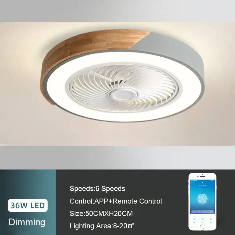 Modern white and light wood circular ceiling fan light with integrated led and wood-grain accent for living room use