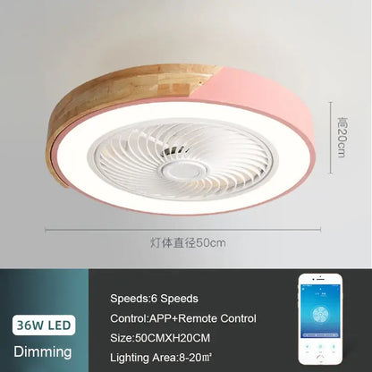 Modern white and light wood circular ceiling fan light with integrated led lighting and pink trim for living room use