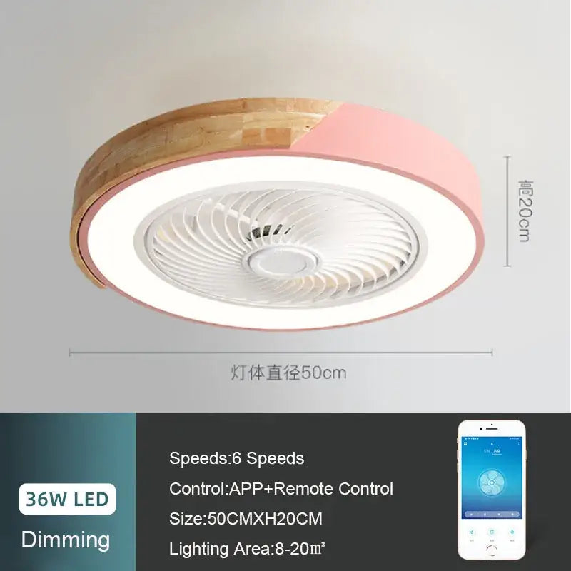 Modern white and light wood circular ceiling fan light with integrated led lighting and pink trim for living room use