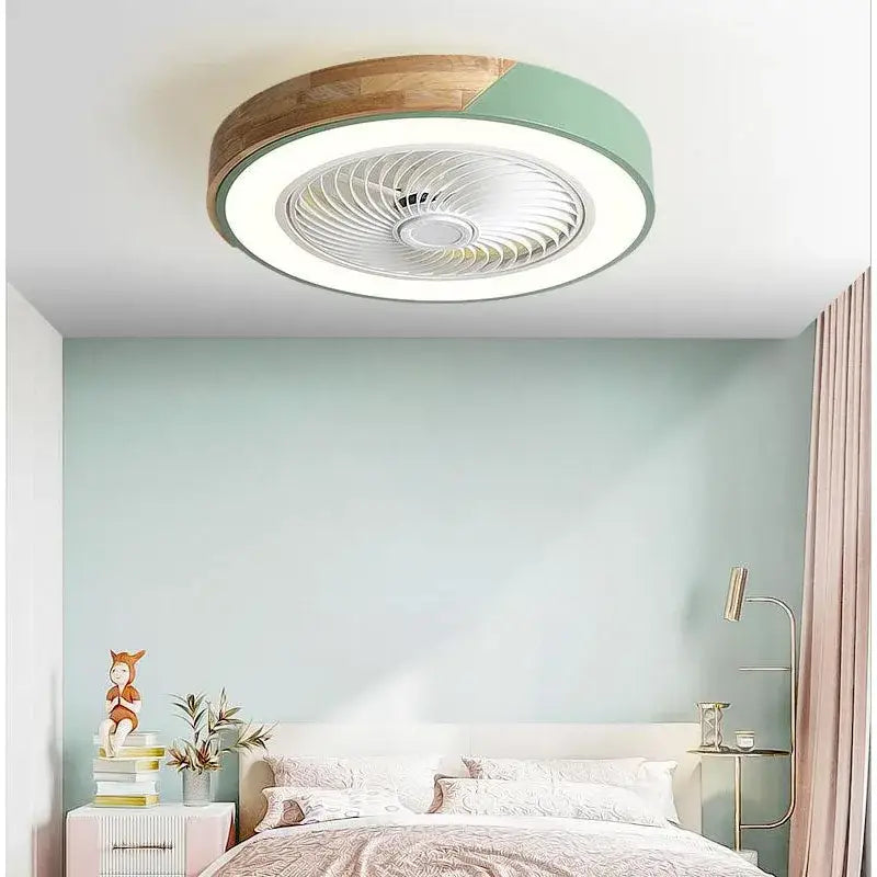 Modern white and light wood circular ceiling fan light with integrated led ring in wood and mint green finish for living room