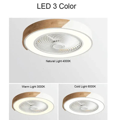 Modern white and light wood circular ceiling fan light with integrated led and three color temperature settings