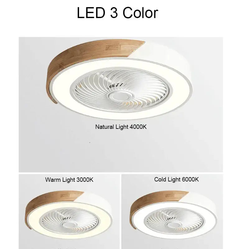 Modern white and light wood circular ceiling fan light with integrated led and three color temperature settings