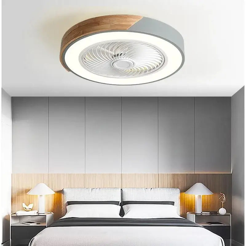 Modern white and light wood circular ceiling fan light with integrated led and wood-grain matte gray finish fan light