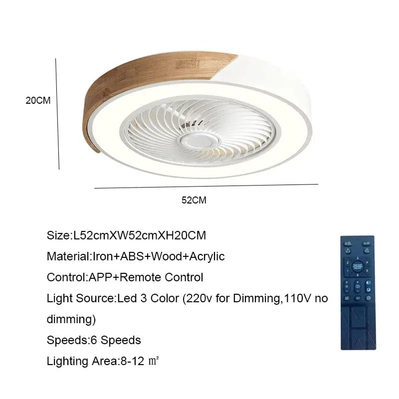 Modern white and light wood circular ceiling fan light with integrated led made of iron abs plastic wood and acrylic